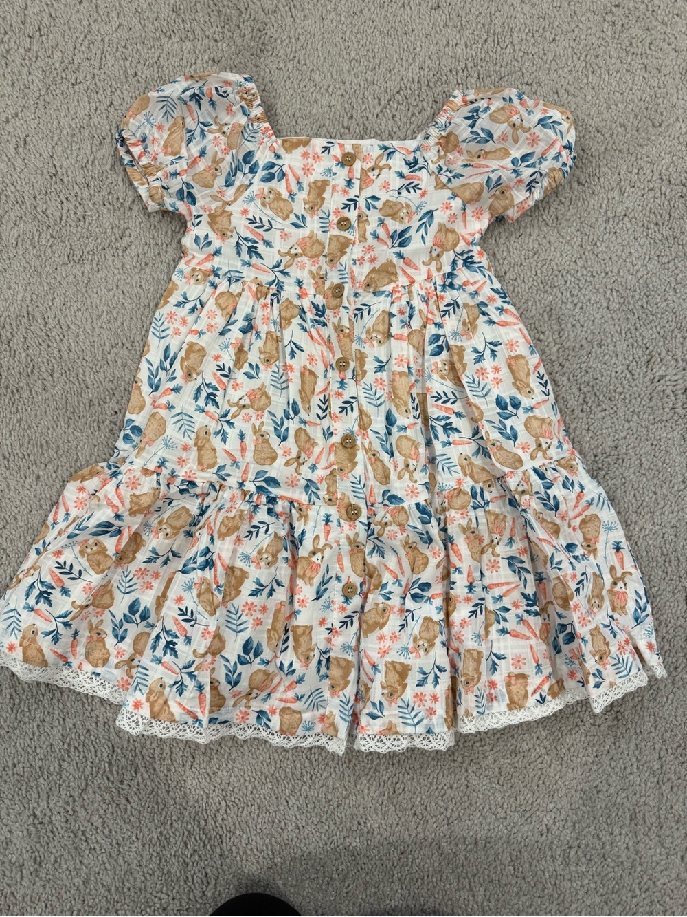 Girls White Floral & Bunny Print Puff Sleeve Dress Size 5